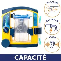 Aspirateur mucosité électrique portable Laerdal LSU avec bocal d'un litre. Débit d'aspiration de 12 à 25 litres par minute. SMSP fournisseur officiel des professionnels du médical et du secours.