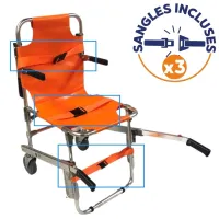 Chaise portoir d'évacuation pour personnes handicapées et PMR: configuration 2 roues ou 4 roues. Livré avec 3 sangles. Non conforme EN1865. Destiné à un autre usage qu'ambulancier.