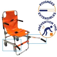 Chaise portoir d'évacuation pour personnes handicapées et PMR: configuration 2 roues ou 4 roues. Livré avec 3 sangles. Non conforme EN1865. Destiné à un autre usage qu'ambulancier.