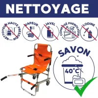 Chaise portoir d'évacuation pour personnes handicapées et PMR: configuration 2 roues ou 4 roues. Livré avec 3 sangles. Non conforme EN1865. Destiné à un autre usage qu'ambulancier.