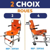 Chaise portoir d'évacuation pour personnes handicapées et PMR: configuration 2 roues ou 4 roues. Livré avec 3 sangles. Non conforme EN1865. Destiné à un autre usage qu'ambulancier.