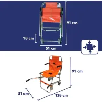 Chaise portoir d'évacuation pour personnes handicapées et PMR: configuration 2 roues ou 4 roues. Livré avec 3 sangles. Non conforme EN1865. Destiné à un autre usage qu'ambulancier.