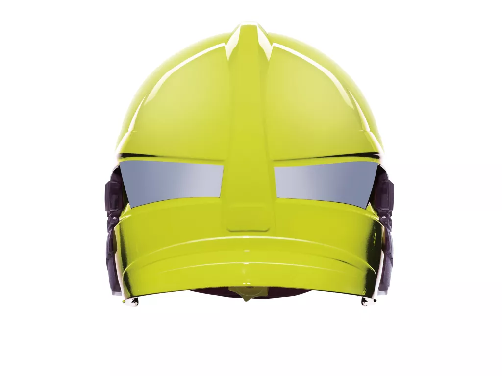Casque sapeurs-pompiers F2XR jaune fluo MSA - Avec masque responder,  signalisation grise SP et support de lampe