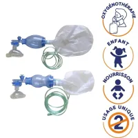 Ballon autoremplisseur bavu pompier insufflateur manuel usage unique. 3 tailles au choix : nourrisson, enfant, adulte