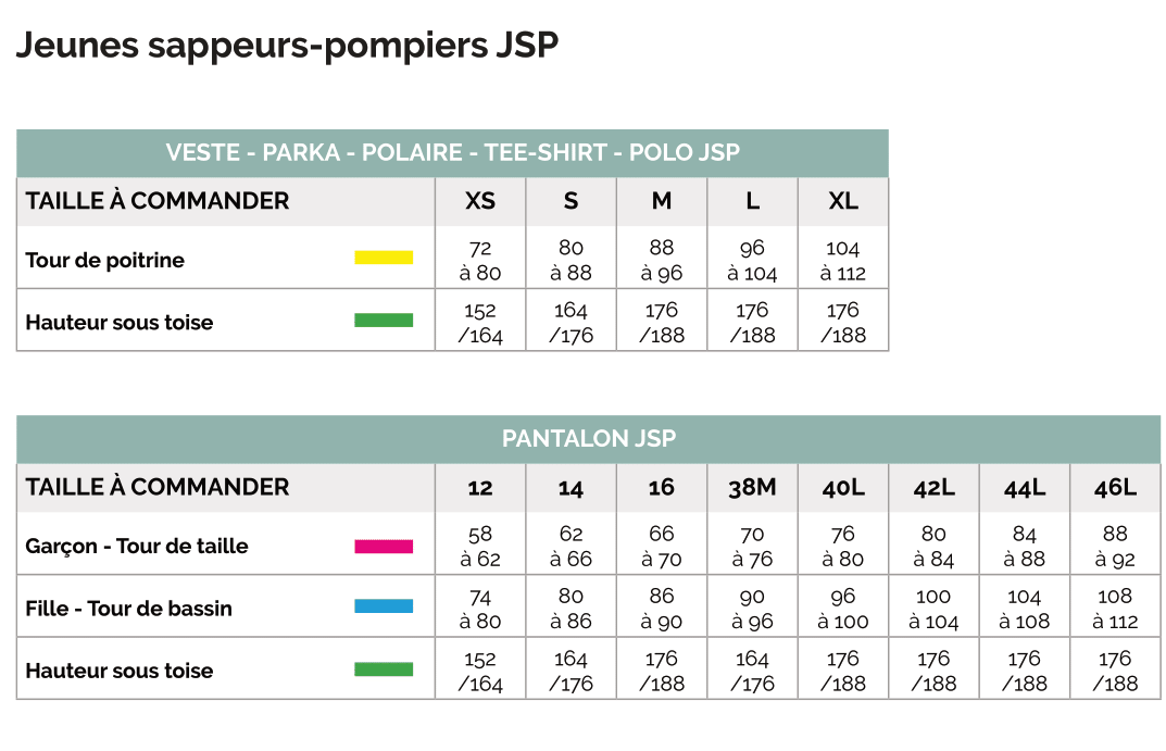 guide des tailles tenue jsp